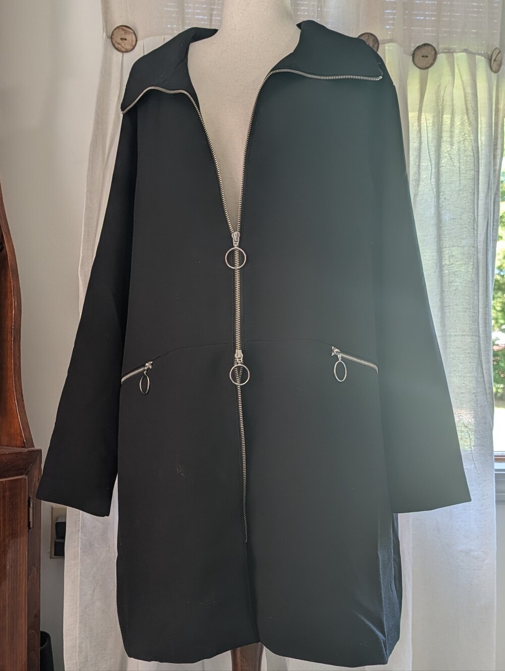 Ellos Black Trench Coat with Ring-Zip Details
